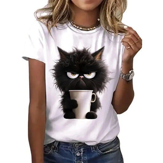 This white t-shirt features a playful yet relatable design of a black grumpy cat holding a cup of coffee. The cat’s unimpressed expression captures the essence of those mornings when you need a pick-me-up, making it perfect for coffee lovers and cat enthu